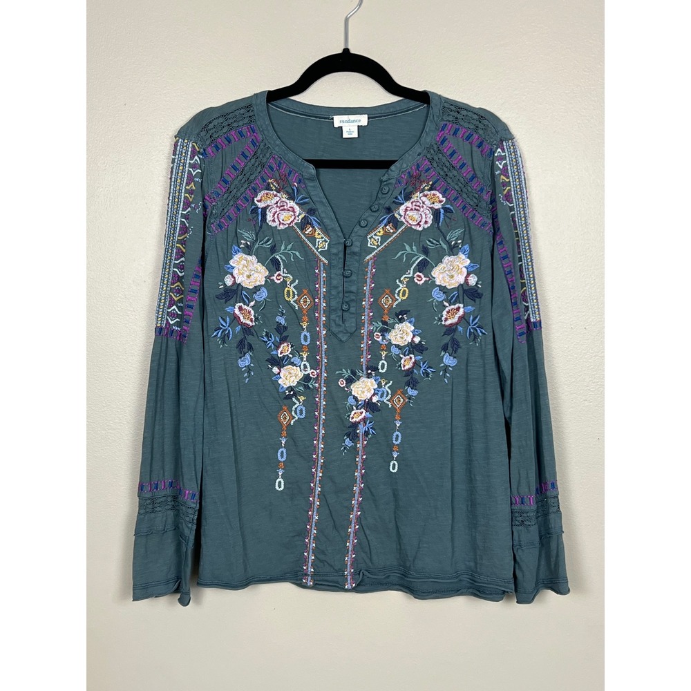 Sundance Embroidered Floral Henley Top Teal Green Cotton Boho Lace Trim Large
